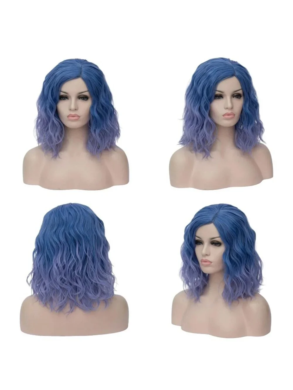 Womens Blue Periwinkle Wavy Curly Bob Wig Heat Resistant Cosplay Halloween Party